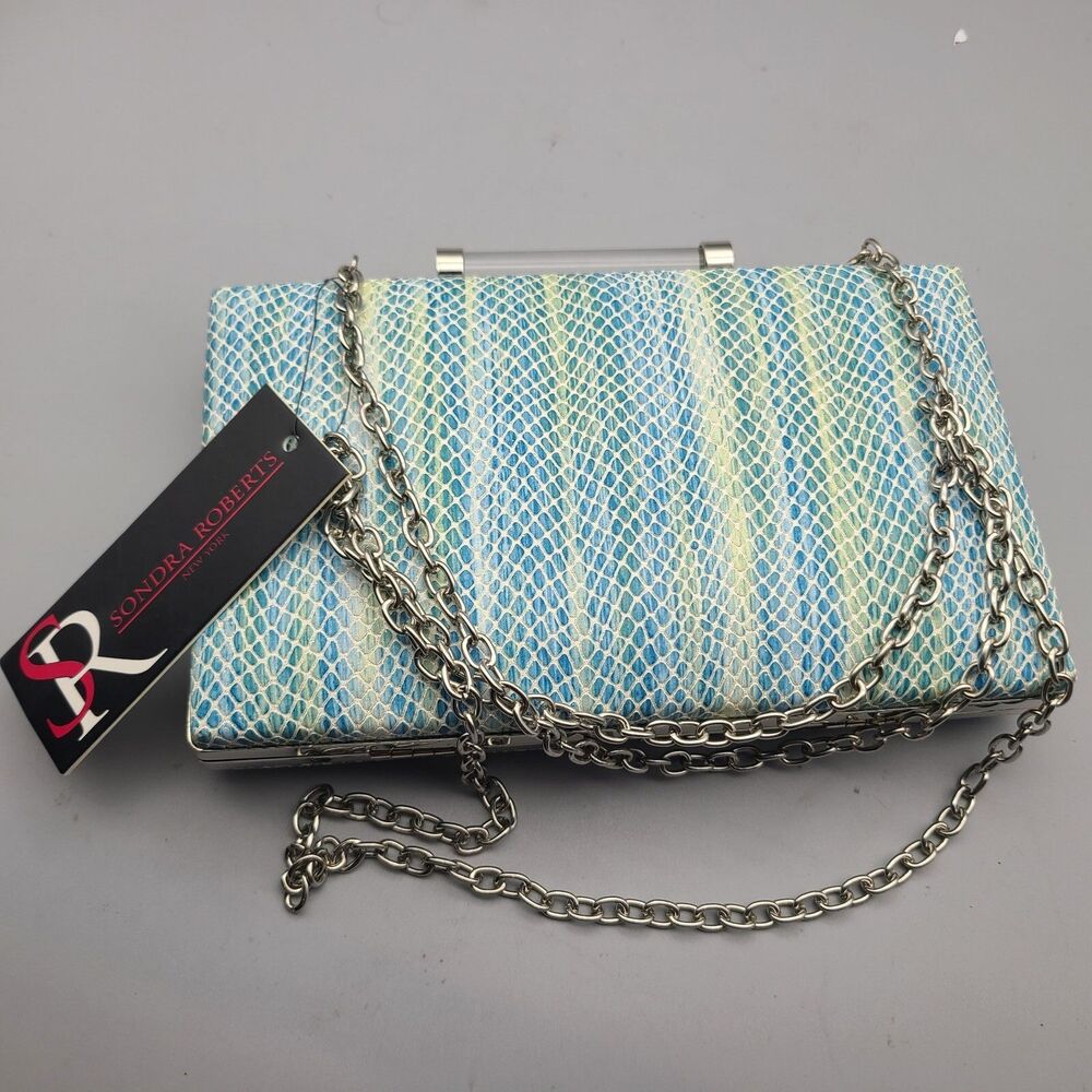 Sondra Roberts Clutch Shoulder Bag Party chain blue green snake embossed new